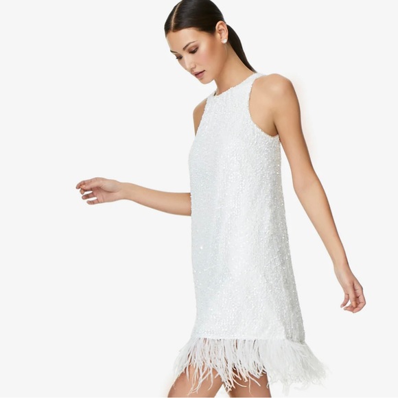 Adrianna Papell Dresses & Skirts - ADRIANNA PAPELL HAND-SEQUINED TRAPEZE HALTER DRESS WITH FEATHER TRIM IN IVORY